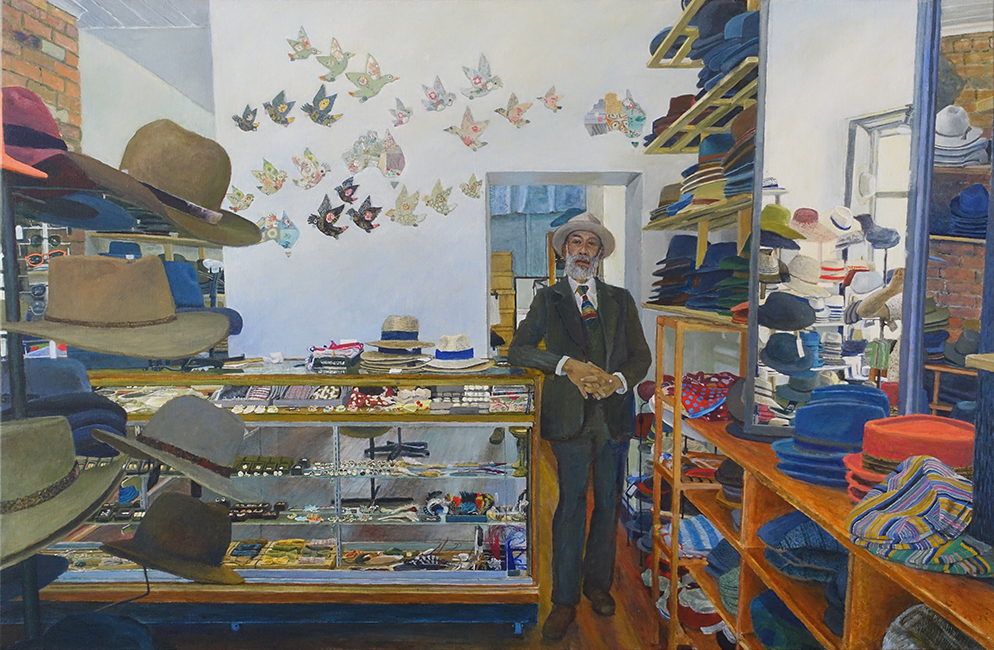James Yuncken, Hat Shop - 85 x 130 cm, acrylic on canvas, 2022