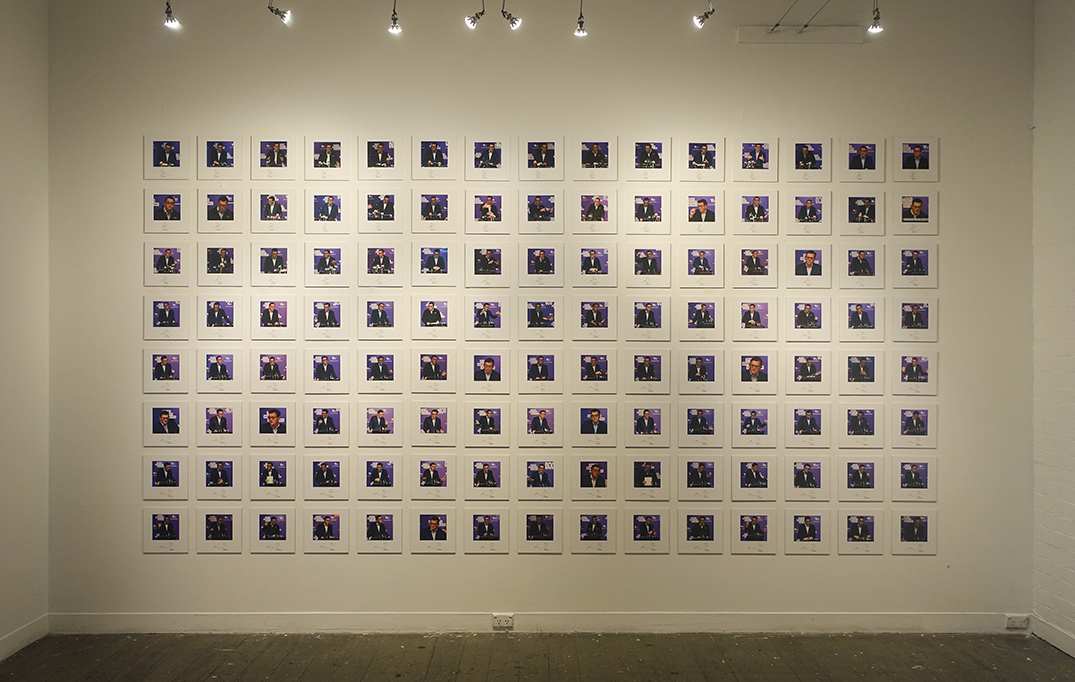 James Yuncken, Press Conferences, 120 days of Daniel - 235 x 445 cm, 120 digital prints on Kapa mounts diplayed in a 8 x 15 grid, 2021