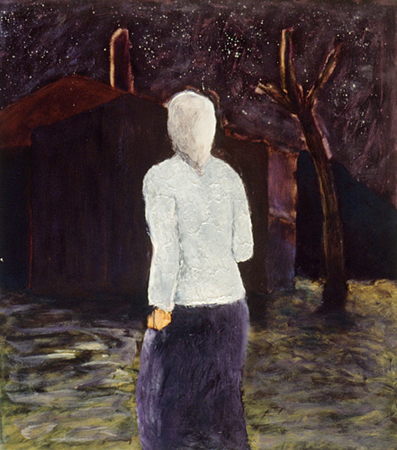 James Yuncken, Woman approaching a house at night - 48 x 43 cm, oil on paper, 1996