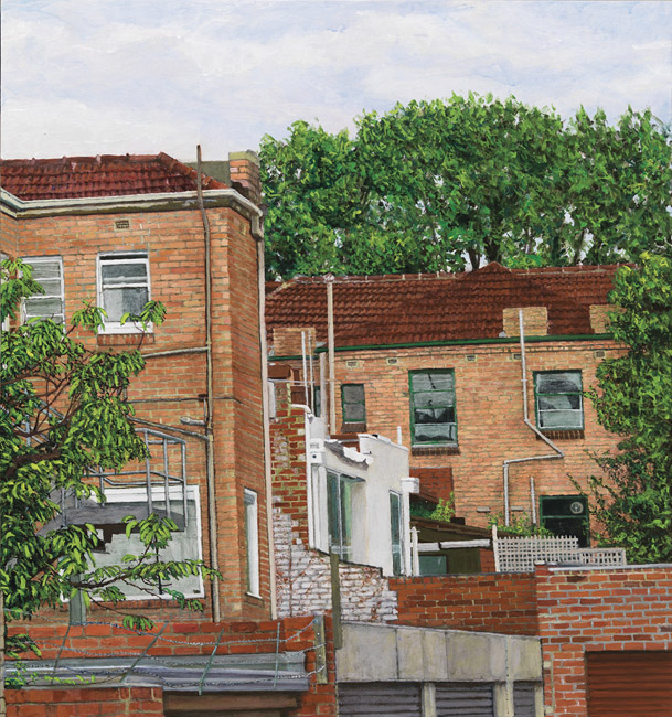 James Yuncken, Rear View of Flats, East Melbourne, evening of 25th January 2011, 50 x 47 cm, acrylic on board, 2013