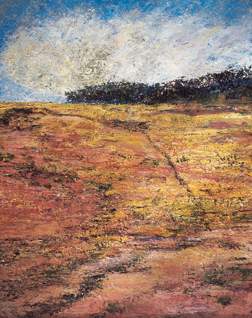Self-generated Landscape No 7: Windbreak - oil on gesso board 76 x 61cm, 2003