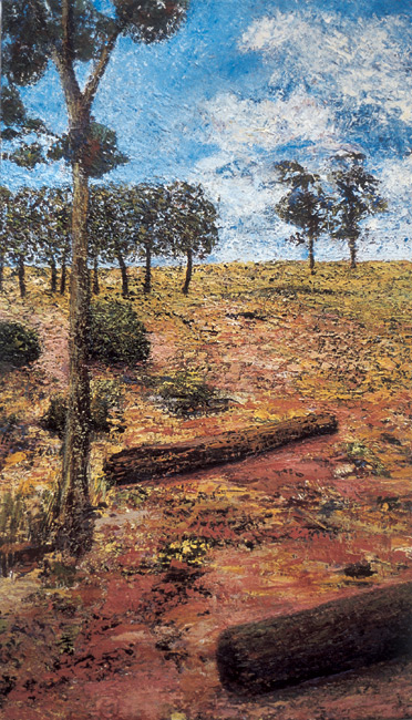 Self-generated Landscape No 6: Windbreak - oil on canvas 66 x 37.5cm, 2003