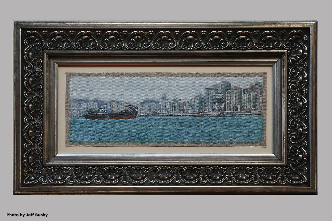 James Yuncken, Barge off Central, Hong Kong, 9 x 26 cm, acrylic on canvas, 2018