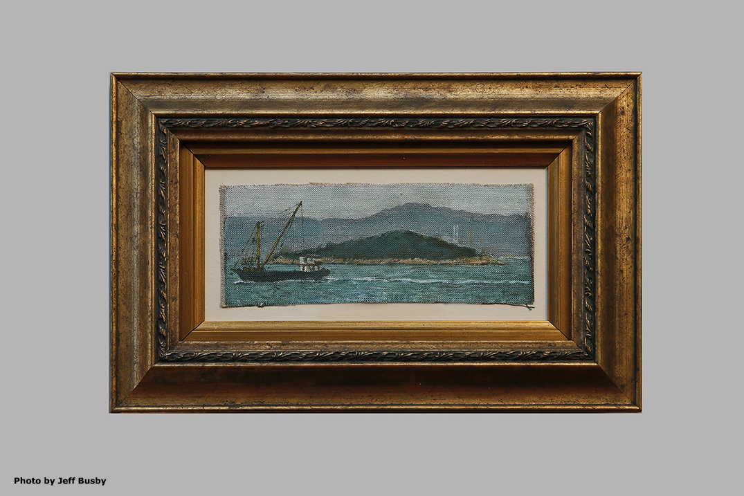 James Yuncken, Little Working Boat, Hong Kong Harbour, 7 x 17 cm, acrylic on canvas, 2018