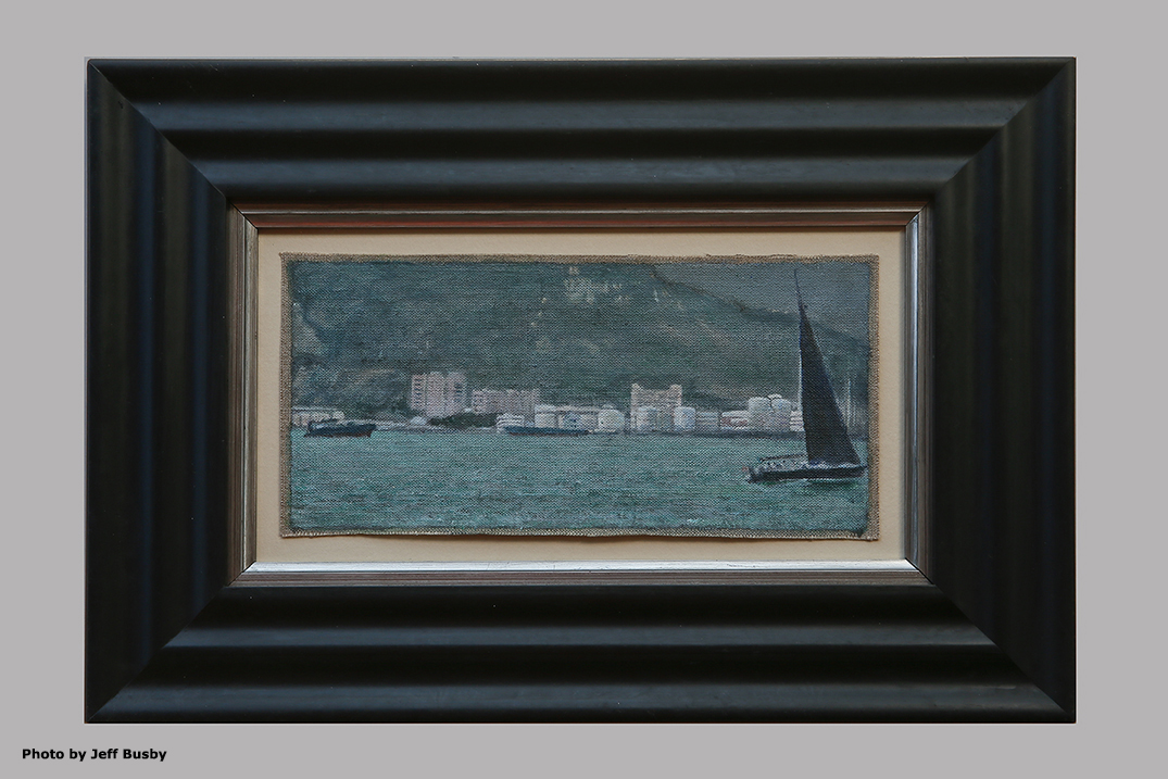 James Yuncken, Black Sail, Hong Kong Harbour, 10 x 21.5 cm, acrylic on canvas, 2019