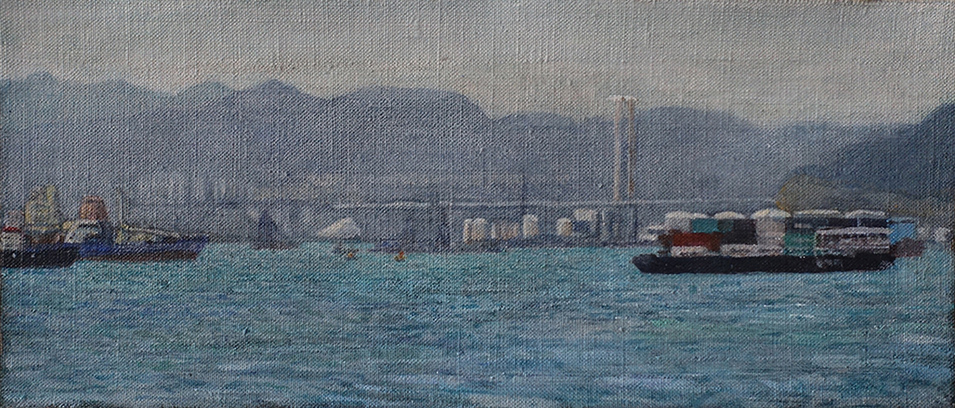 James Yuncken, Harbour View 1, Hong Kong Harbour, 12 x 28 cm, acrylic on canvas, 2019