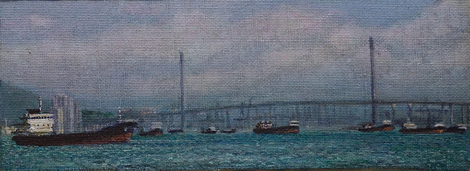 James Yuncken, Ships off Stonecutters Bridge, Hong Kong, 10 x 27 cm, acrylic on canvas, 2020