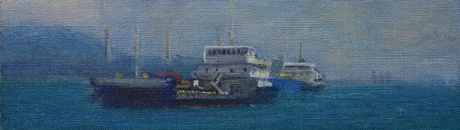 James Yuncken, Ships off Lamma Island II, 7.5 x 26 cm, acrylic on canvas, 2020