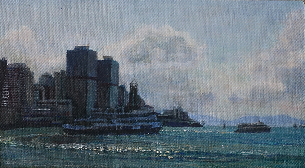 James Yuncken, Ferries departing Central, 16 x 29 cm, acrylic on canvas, 2020