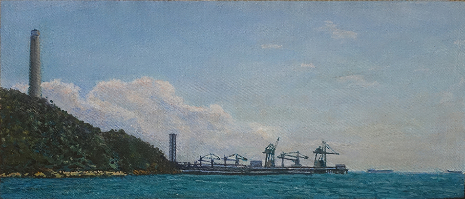 James Yuncken, Docks at Lamma Island power station, 12 x 28 cm, acrylic on canvas, 2020