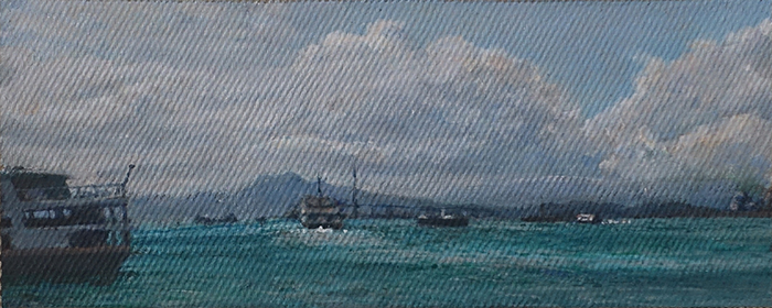 James Yuncken, Boats on Hong Kong Harbour, 8 x 20 cm, acrylic on canvas, 2020