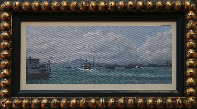 James Yuncken, Boats on Hong Kong Harbour, 8 � 20 cm, acrylic on canvas, 2020