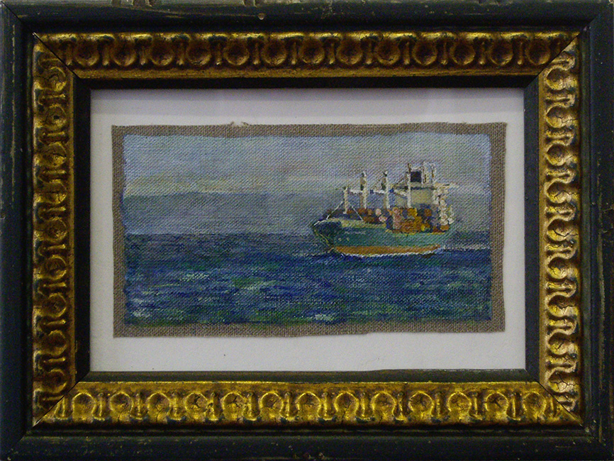 James Yuncken, Cargo Ship - Artwork 6.8 x 12.6 cm, Frame 15 x 20 cm, acrylic on canvas, 2018