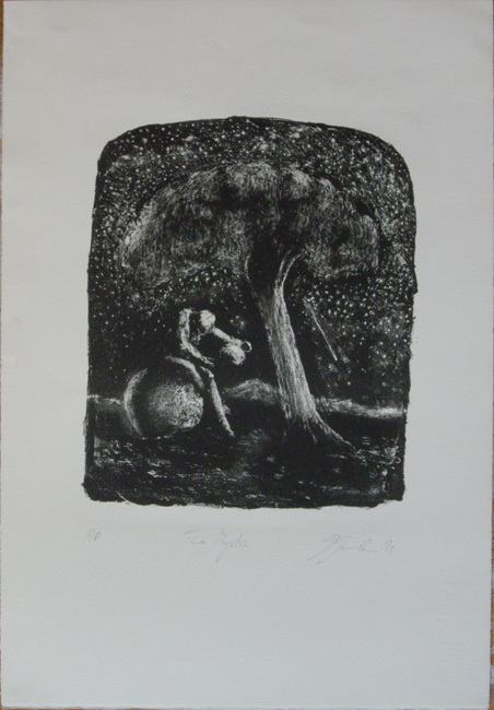 James Yuncken, The Mystic - Edition of 8, lithograph on BFF Rives/Pescia buff paper, 
			irregular, 25.5 x 30.5 cm (approx.), 1992
