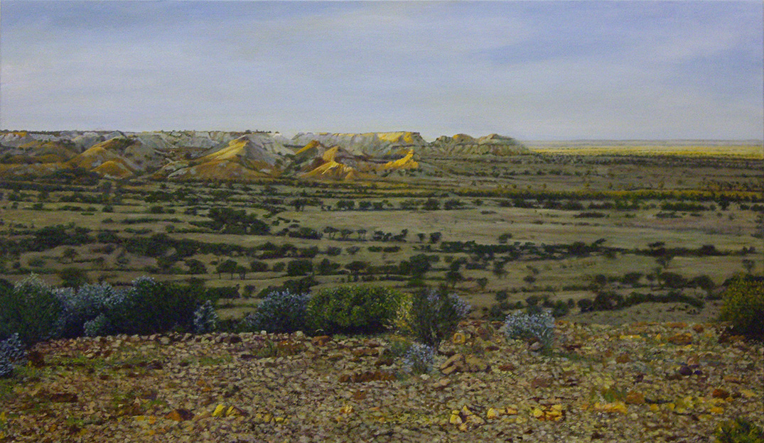James Yuncken, Oodnadatta Track, South Australia's Outback, View from Magic Mountain, Painted Hills 
		- 70 x 120 cm, acrylic on canvas, 2018