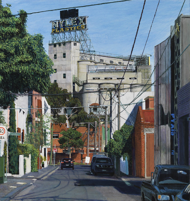 Nylex, Balmain St Cremorne morning of 18th October, 2013 - 70 x 66 cm, acrylic on board, 2014