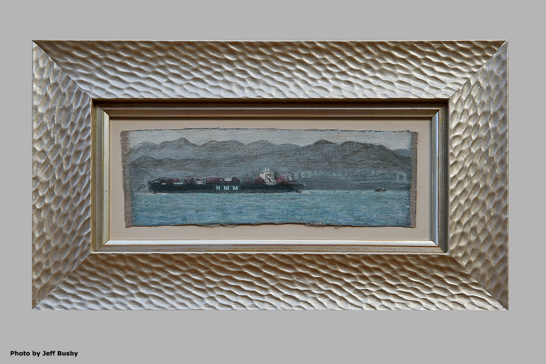 James Yuncken, Cargo Ship HMM, Hong Kong Harbour, 6 x 20 cm, acrylic on canvas, 2018