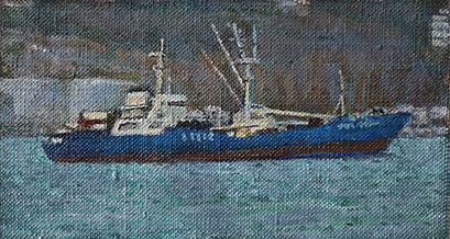 James Yuncken, Little Ship in Hong Kong Harbour, 6 x 12 cm, acrylic on canvas, 2018