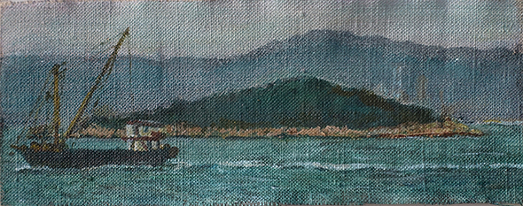 James Yuncken, Little Working Boat, Hong Kong Harbour, 7 x 17 cm, acrylic on canvas, 2018