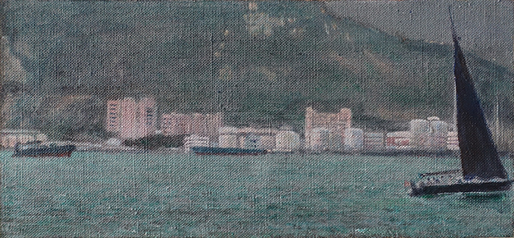 James Yuncken, Black Sail, Hong Kong Harbour, 10 x 21.5 cm, acrylic on canvas, 2019