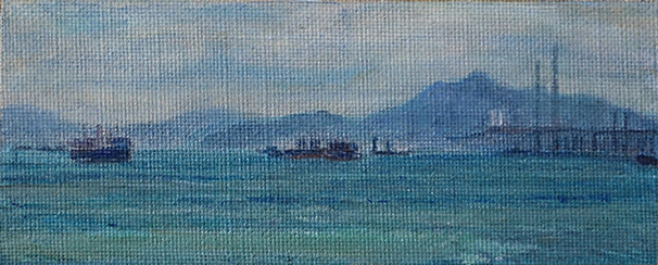 James Yuncken, New Territories From Victoria Harbour II, 7 x 17.5 cm, acrylic on canvas, 2020