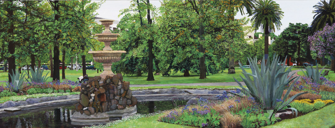 Fountain, Fitzroy Gardens afternoon of 21st December 2010 -
Acrylic on board, 42 x 110 cm, 2012