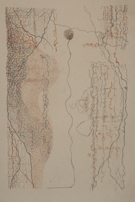 James Yuncken, Knitting - 56 x 38 cm, red and black conte pencils on paper, 2008