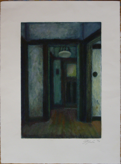 James Yuncken, Untitled - Interior Hallway - 
		Hand coloured monoprint on Hahnemuhle paper, 41 x 19.5 cm, 1990 