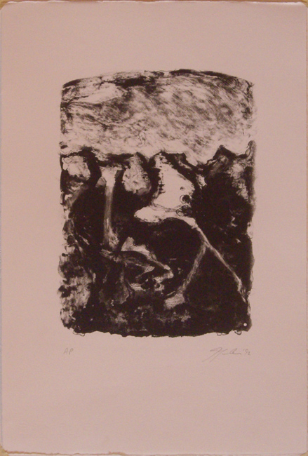 James Yuncken, Untitled - Landscape with figurative elements - Edition of 4, lithograph on BFK Rives paper,
33.5 x 24.5 cm (approx.), 1992