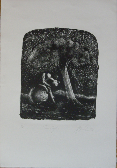 James Yuncken, The Mystic - Edition of 8, lithograph on BFF Rives/Pescia buff paper,
irregular, 25.5 x 30.5 cm (approx.), 1992